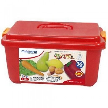 Figuras plástico 36 un. frutas y hortalizas en contenedor Miniland
